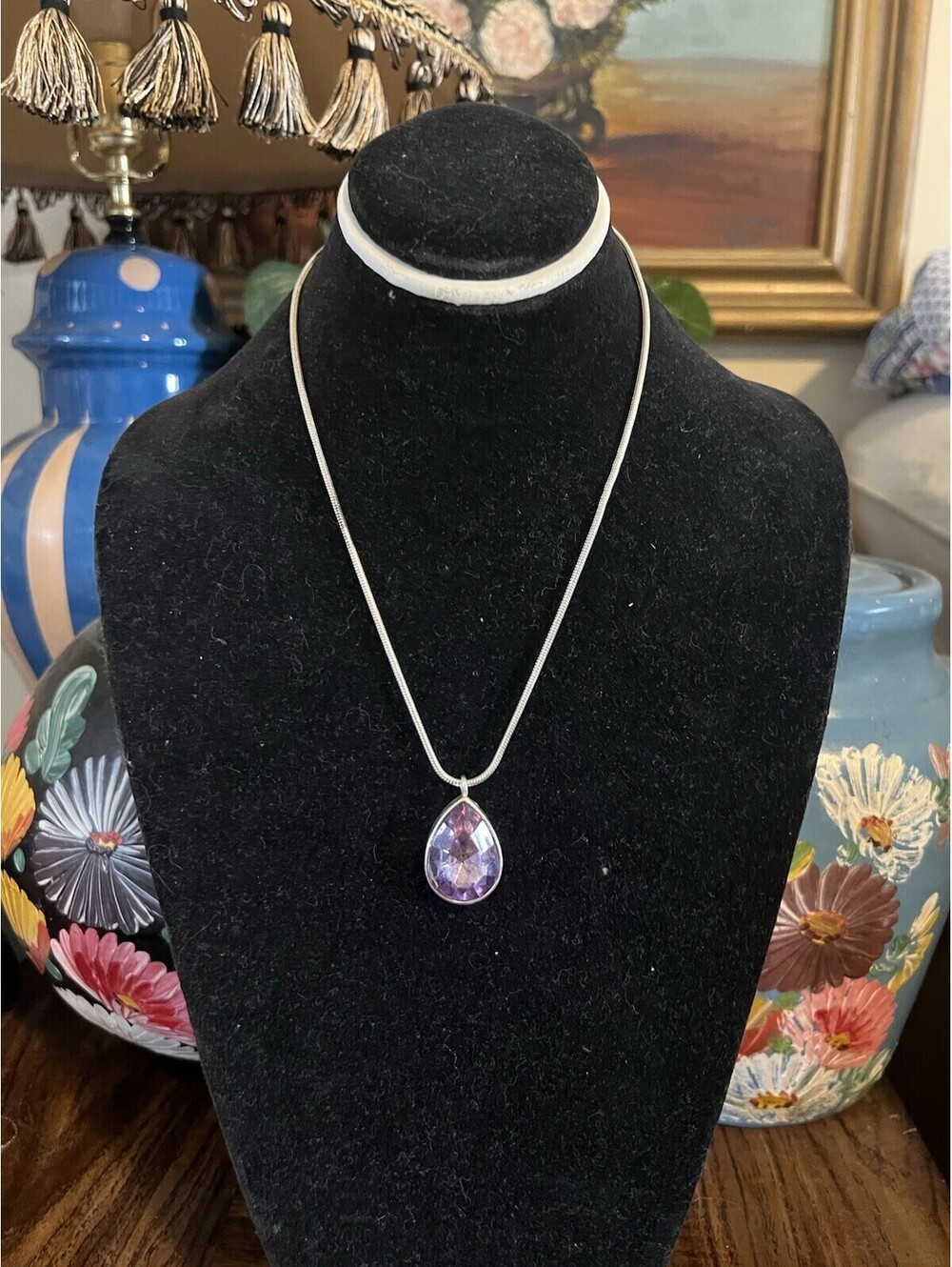 Teardrop Faux Large Amethyst Silver Pendant And Chain Necklace